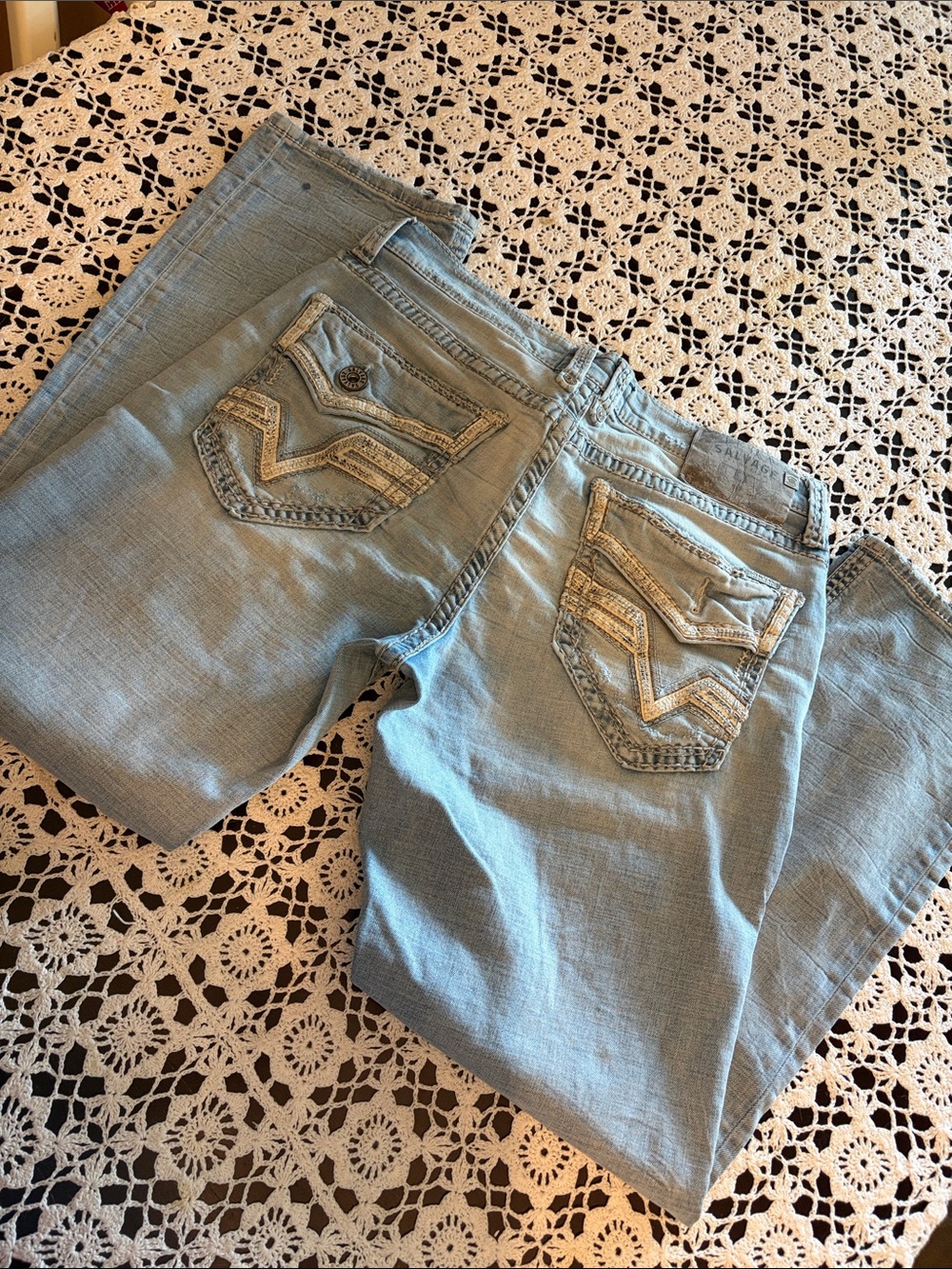 Salvage Light Blue Men's Bootcut Jeans with Embroidered Back Pockets
